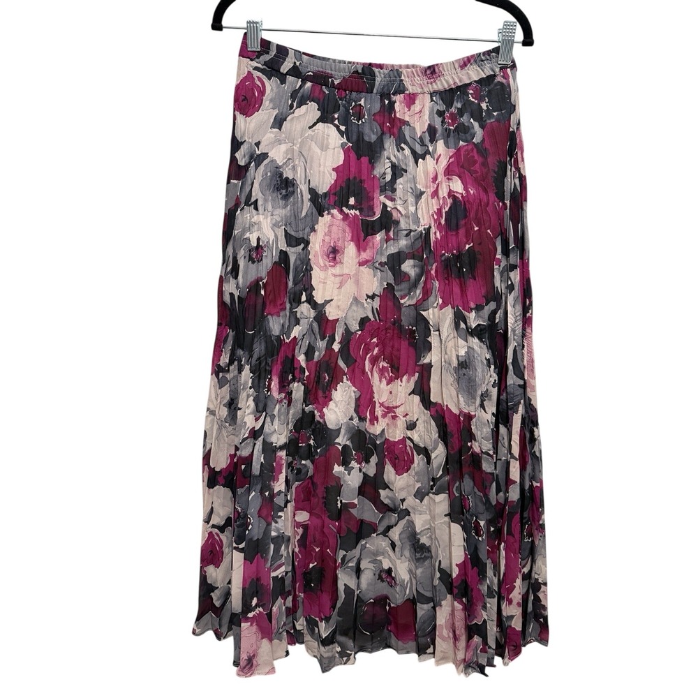 Chaps Pleated Maxi Skirt Size S Pink Black Floral Elastic Waist Whimsygoth Boho